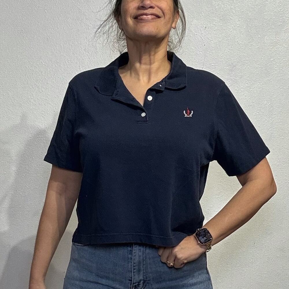 J. Crew Navy Cropped Pique Oversized Polo Shirt Sz L